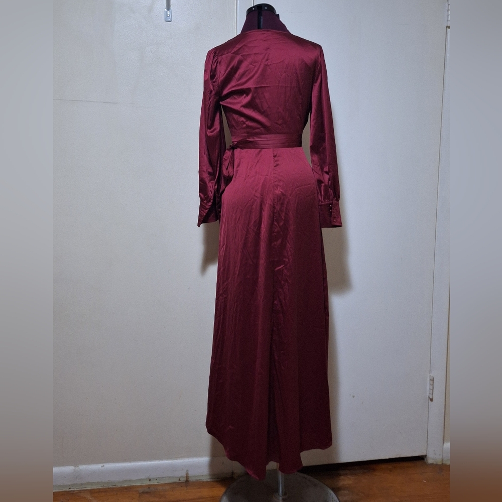 Shein red waist tie, high-low, long sleeve silk dress w/ button cuffs. Sz S - Picture 3 of 6
